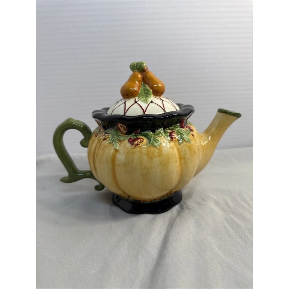 MWW Market Annie Danielson Pumpkin Teapot Fruit Pear Lid Fall Harvest Ceramic